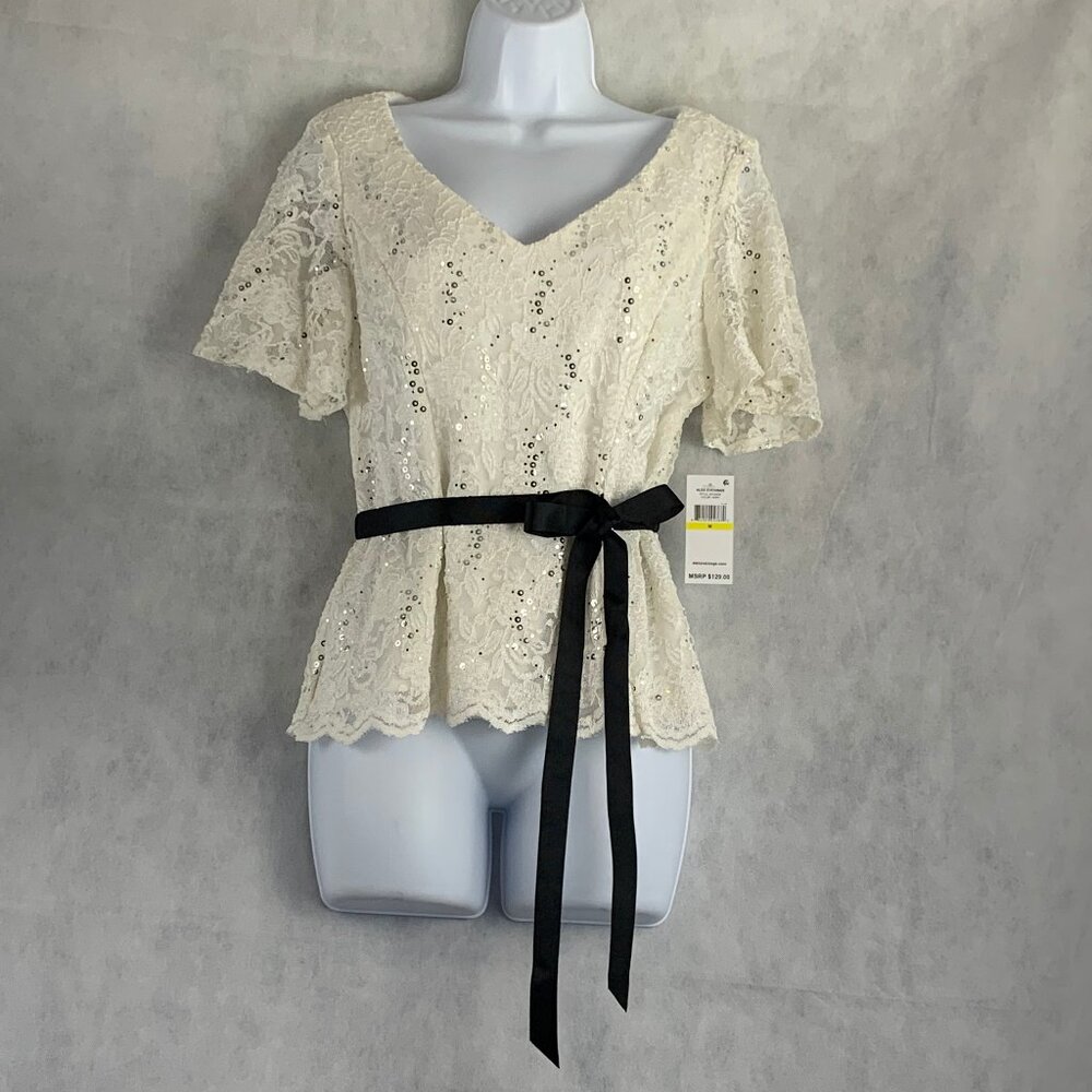 Alex Evenings Women's Lace Short-Flutter-Sleeve Top, Ivory Shiny Sequins, Medium